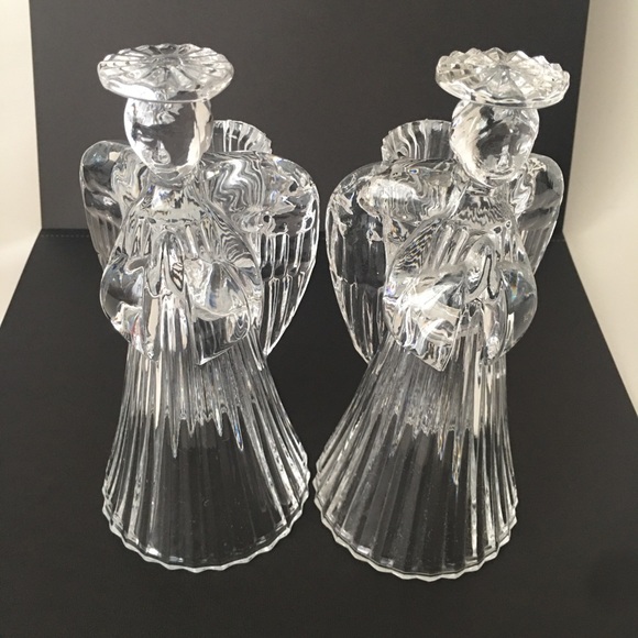 Avon Vintage 24% Lead Crystal Glass Praying Angels Candle Holders Set 7" Holiday - Picture 1 of 16
